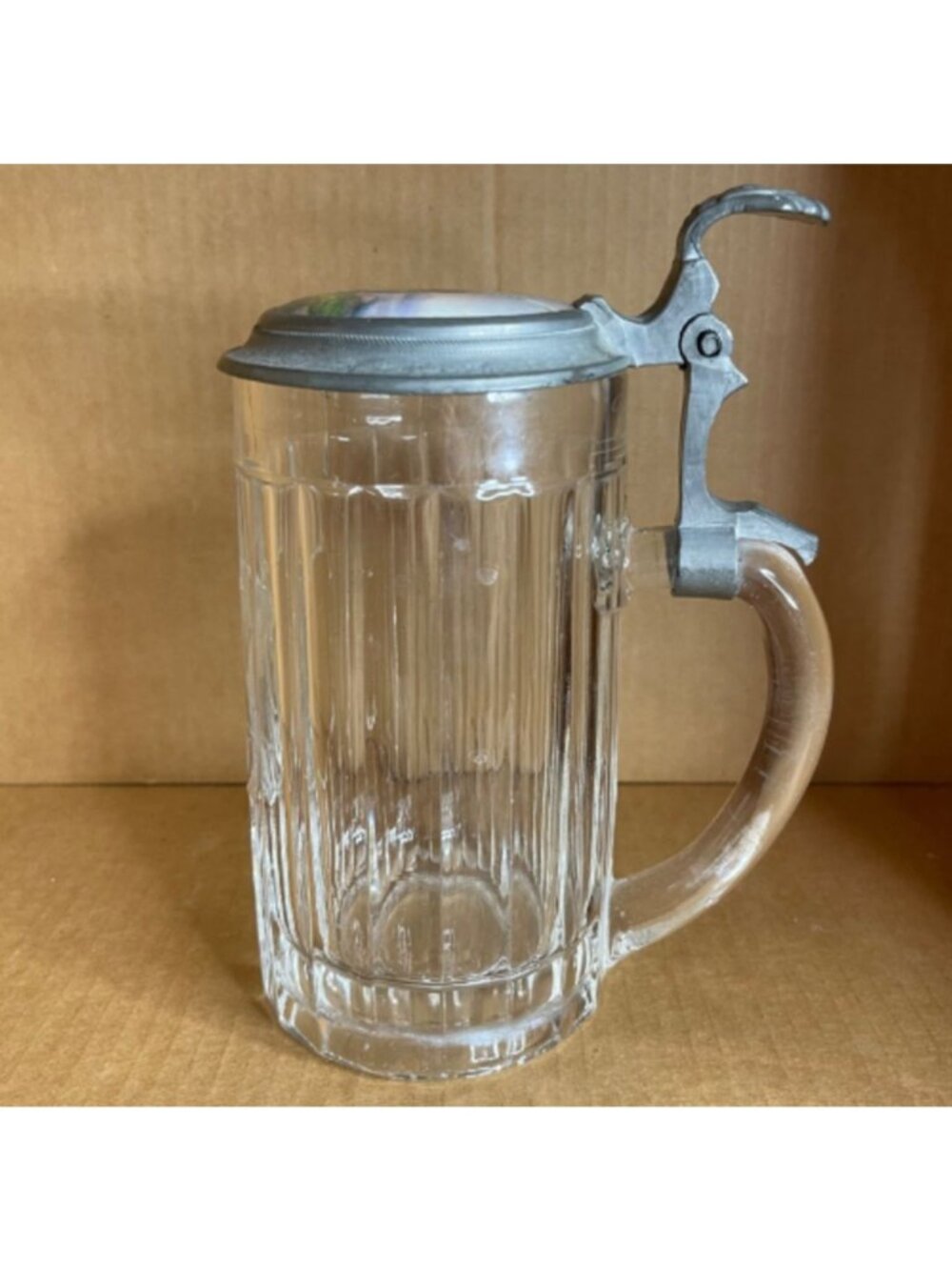 Antique German Glass Beer Stein Pewter Hand Painted Porcelain Heron Insert AS IS